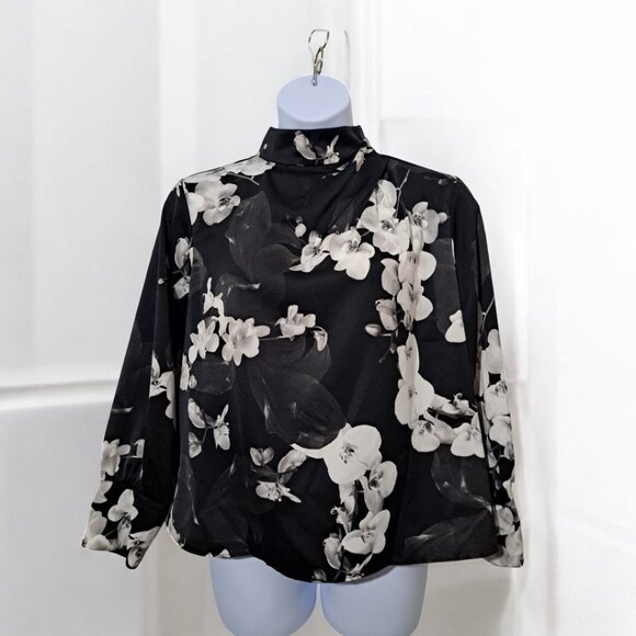 Worthington Satin Black & White Orchids 4 Long sleeve Blouse Petite XXL - Picture 3 of 16
